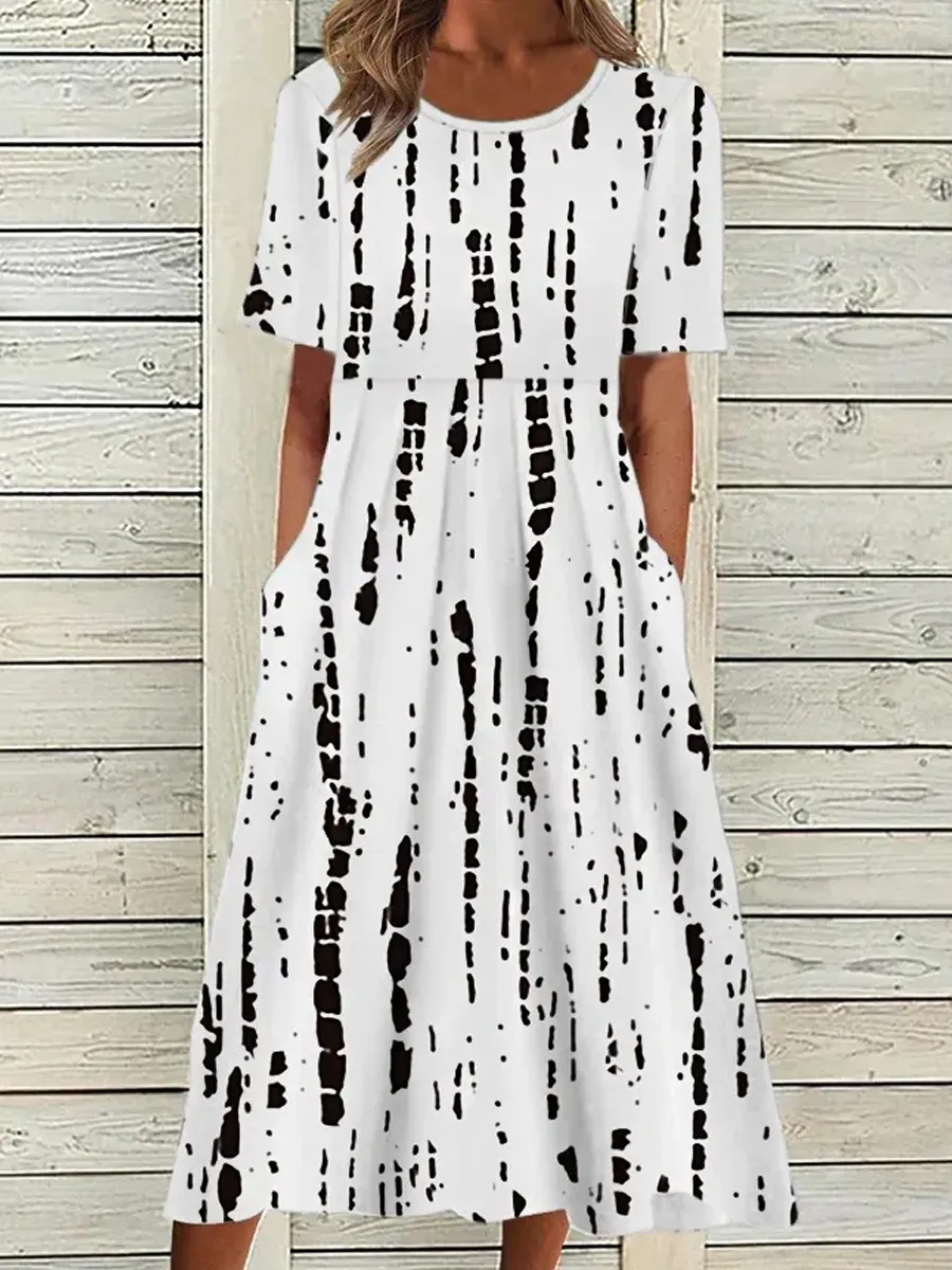 Casual Floral Print Crew Neck Pocket Short Sleeve Midi Dress