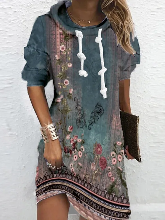 Women's Hoodie Dress Winter Dress Shift Dress Mini Dress Colorful Light Green Blue Long Sleeve Floral Print Fall Winter Autumn Hooded Vacation Vacation Fall Dress 2023 S M L XL XXL 3XL