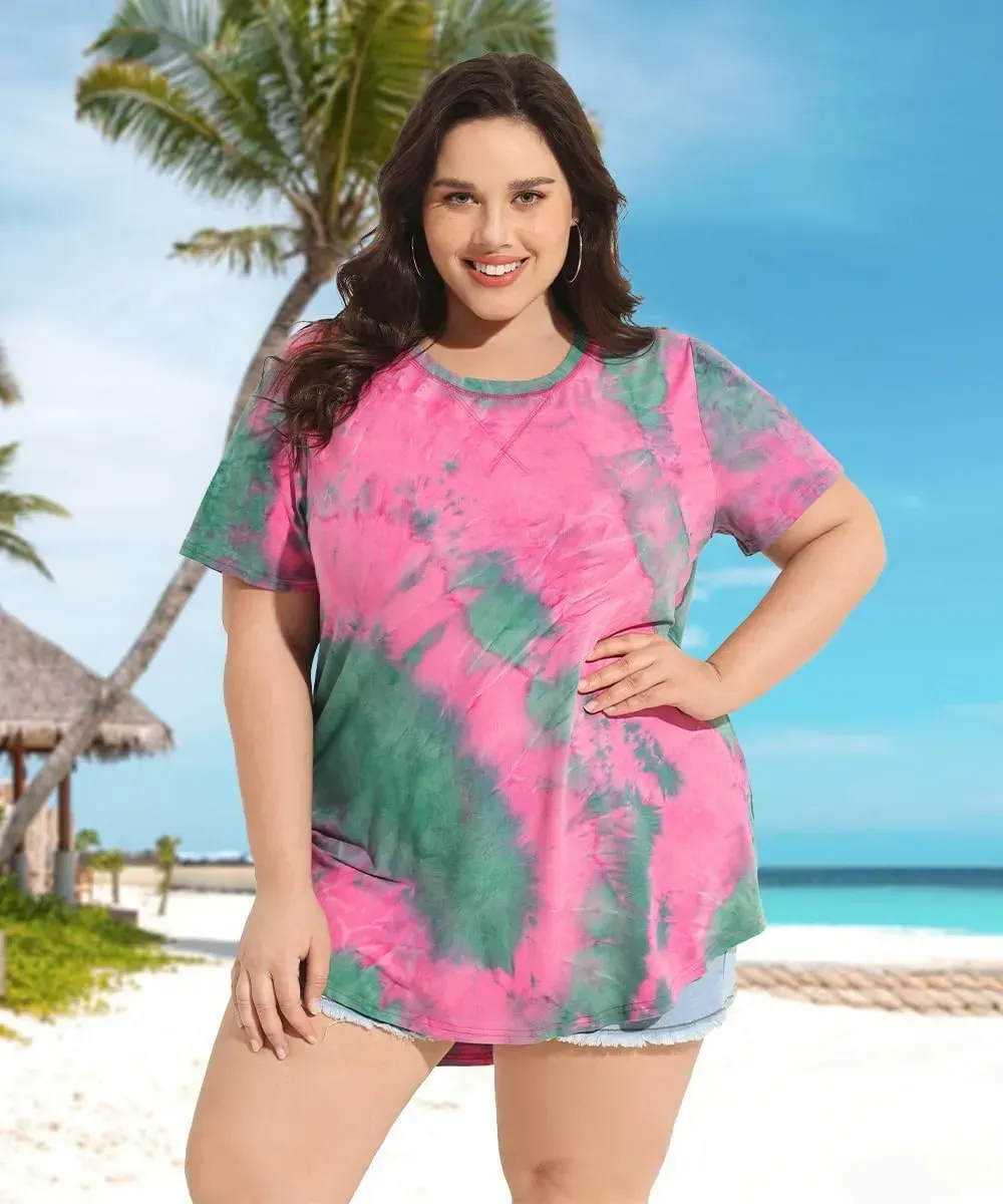 TIYOMI Plus Size T Shirt for Women Short Sleeve Tunic Cross Line Shirts Round Neck Tops Summer Blouse XL-5XL 14-28