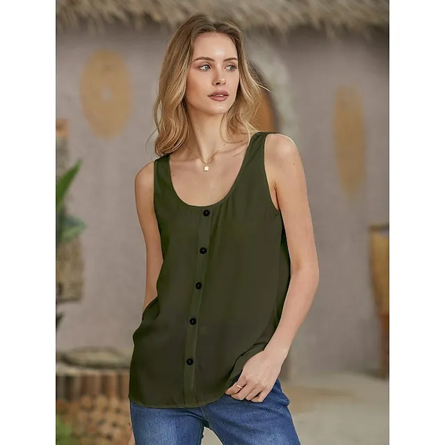 Women's ArmyGreen Black White Plain Sleeveless Daily Basic V Neck Regular S