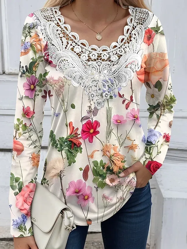 Women's Shirt Blouse Fashion Floral Lace Print Long Sleeve Regular Tops V Neck Casual Holiday Black White Yellow Pink Red Spring &  Fall