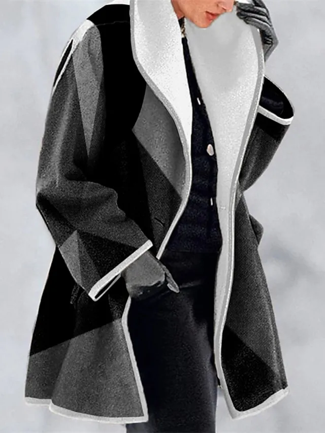 Women's Winter Coat Long Overcoat Geometric Print Pea Coat Fall Mid Length Trench Coat Windproof Warm Single Breasted Lapel Jacket