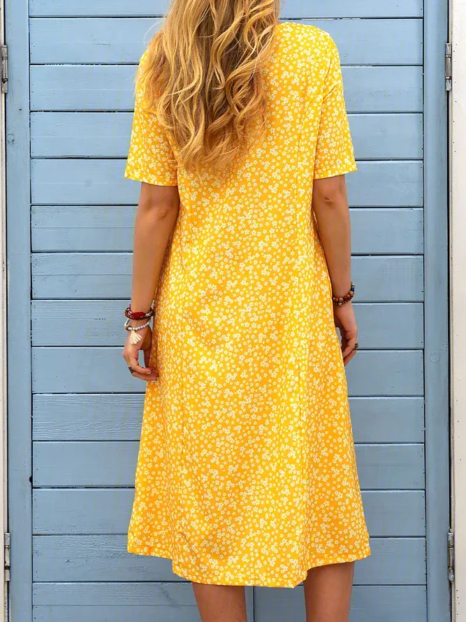 Floral Printed Crew Neck Pockets Short Sleeve Casual Midi Shirt Dress