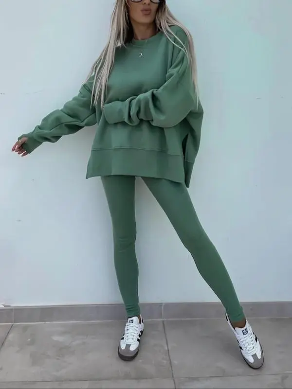 Women's Solid Drop Shoulder Split Hem Sweatshirt & Pants Two-piece Set, Casual Fashion Cozy Breathable Outfits for Daily Outdoor Wear, Ladies Sportswear for All Seasons