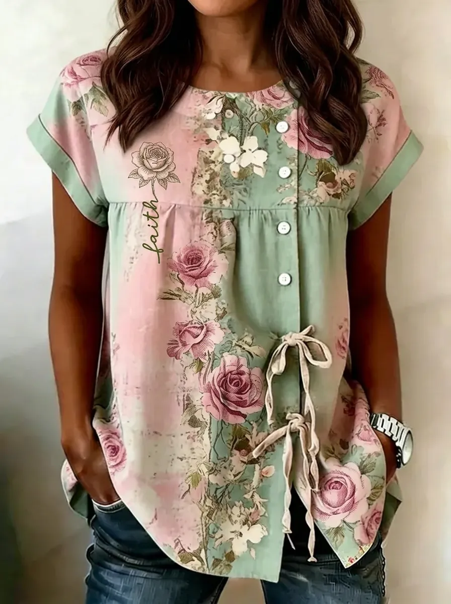 Women's Nashville Faith Rose Floral Printed Button-Down Top