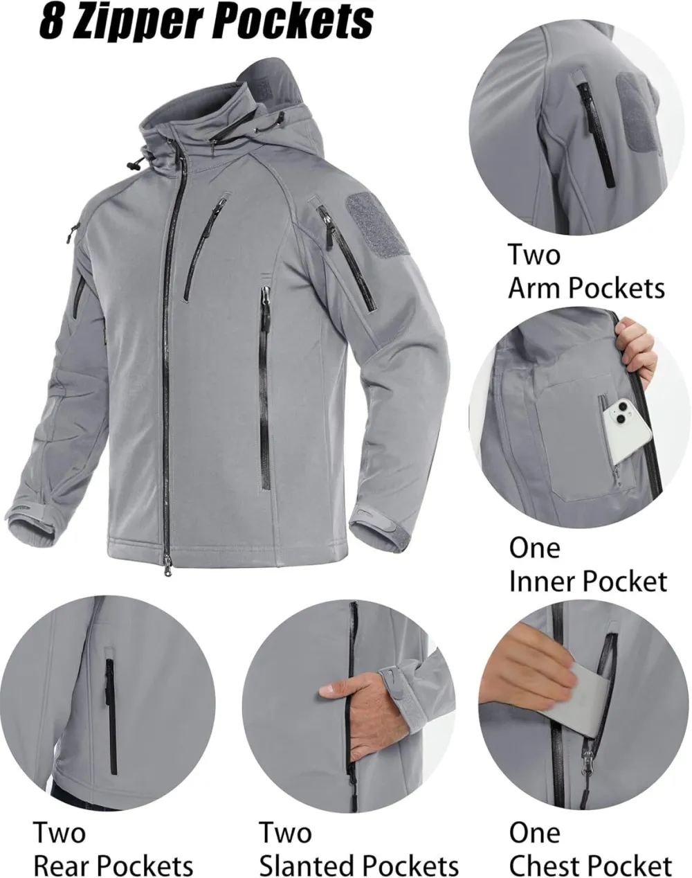Men's Tactical Jacket 8 Pockets Water Resistant Jacket Softshell Fleece Lined Jacket Winter Coats Ski Jacket