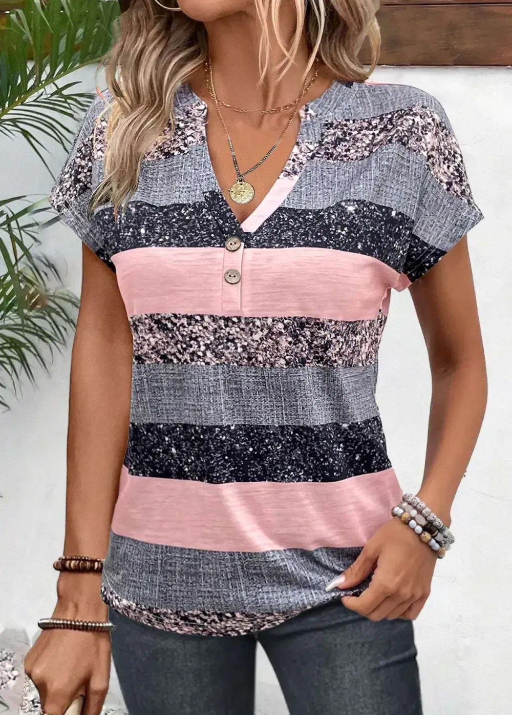 Grey Button Striped Short Sleeve Split Neck Blouse