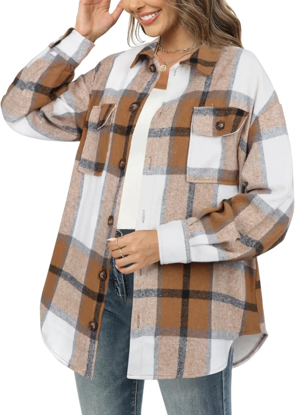 Women's Casual Plaid Flannel Shacket Jacket Oversized Button Down Long Sleeve Fall Shirts Jacket Lapel Coats Tops