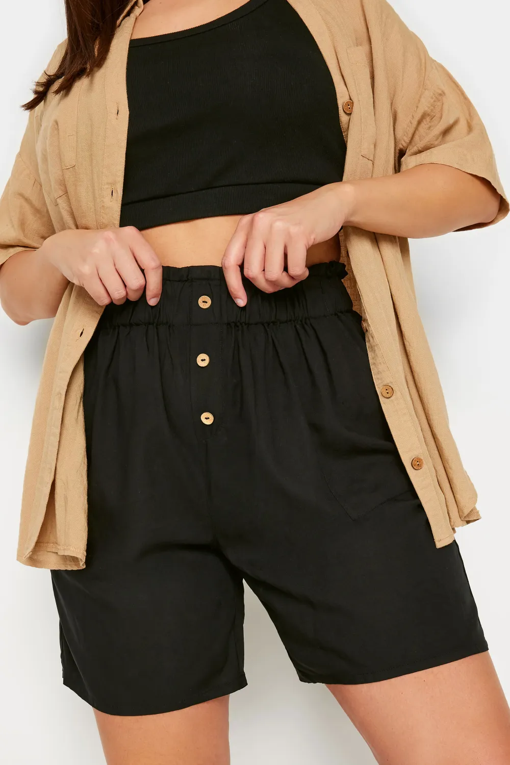 YOURS Curve Black Button Front Paperbag Shorts