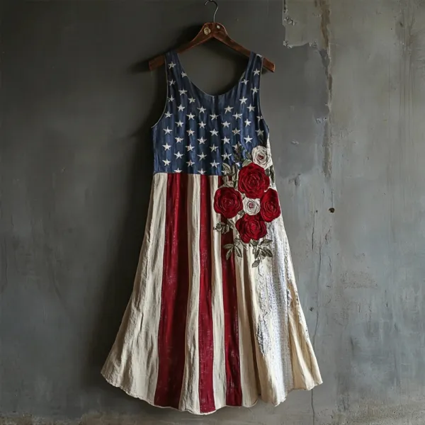 Vintage Flag Inspired Rose Embroidered Linen Tank Dress