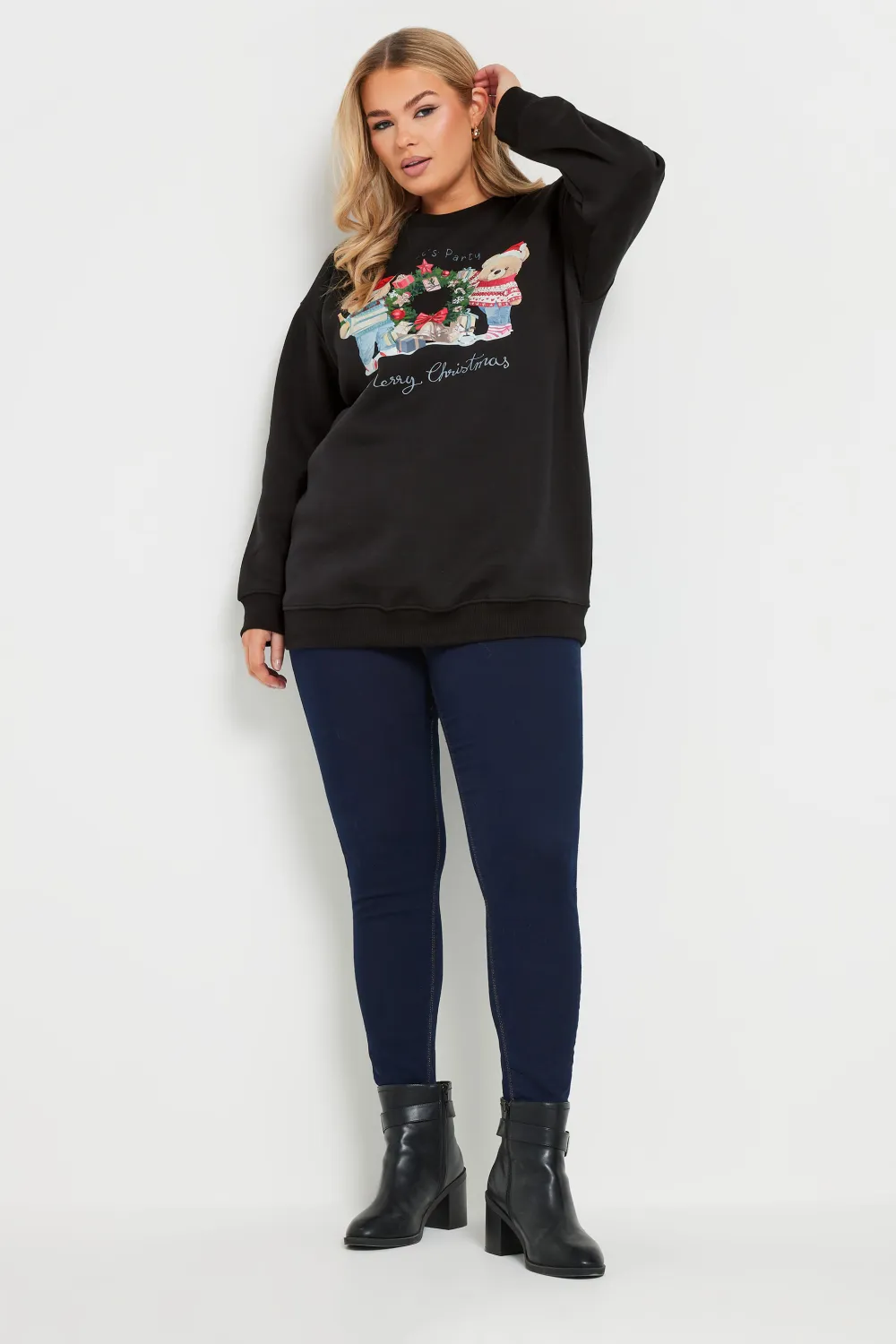 YOURS Curve Black Teddy Bear Christmas Print Sweatshirt
