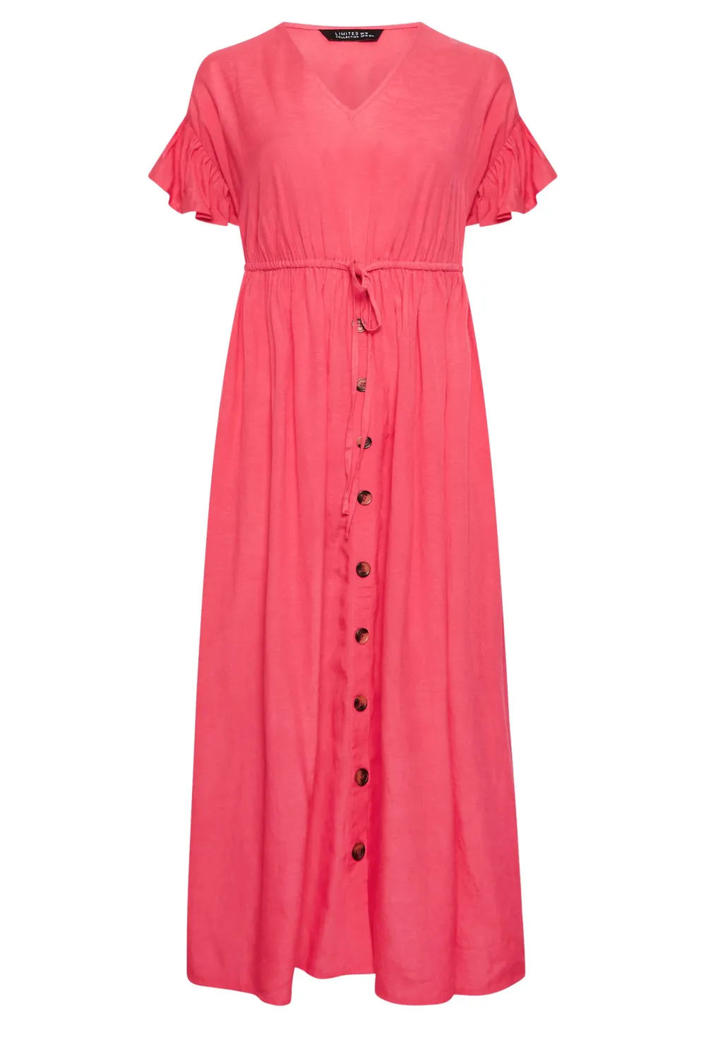 YOURS Curve Coral Pink Frill Sleeve Linen Maxi Dress