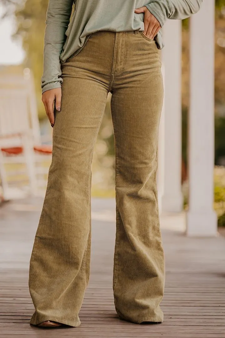 Solid Corduroy Patched Back High Waist Flare Pants