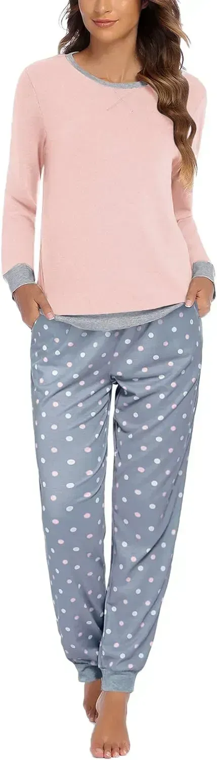 Women's Pajamas Sets Long Sleeve with Plaid Pants Soft Sleepwear O Neck 2 Piece Pjs Joggers Loung Set with Pockets