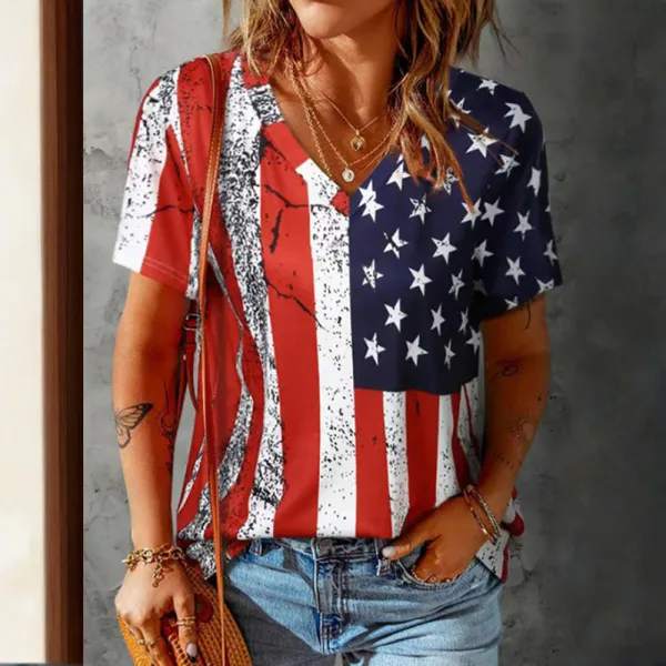 Women's Party Independence Day Printed V-neck T-shirt