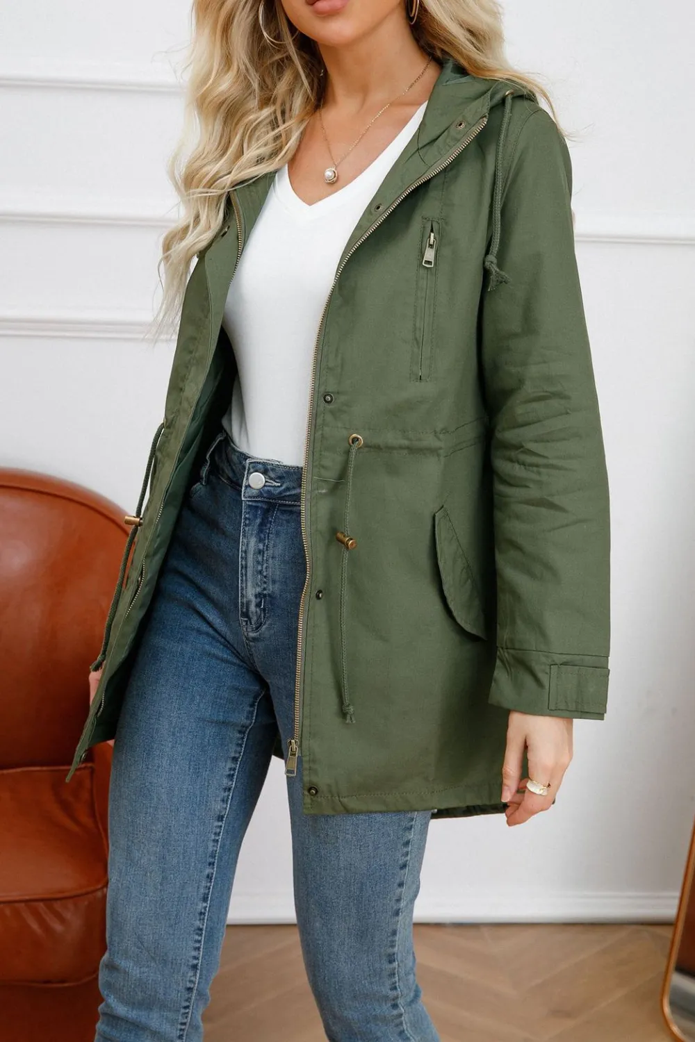 Adjustable waist hooded women jacket