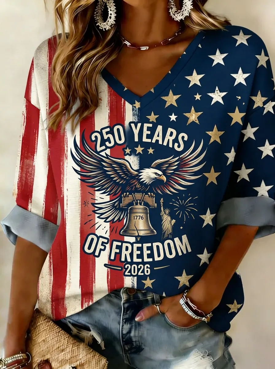 Women's USA Patriotic Eagle Liberty Bell 250 Years Printed V-neck Top