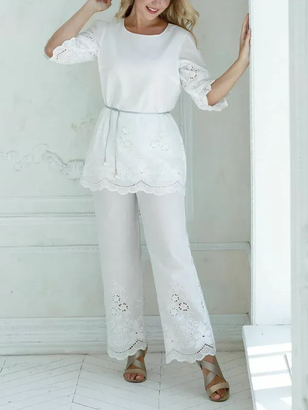 Round Neck Long Sleeve Hollow Top Trousers Suit