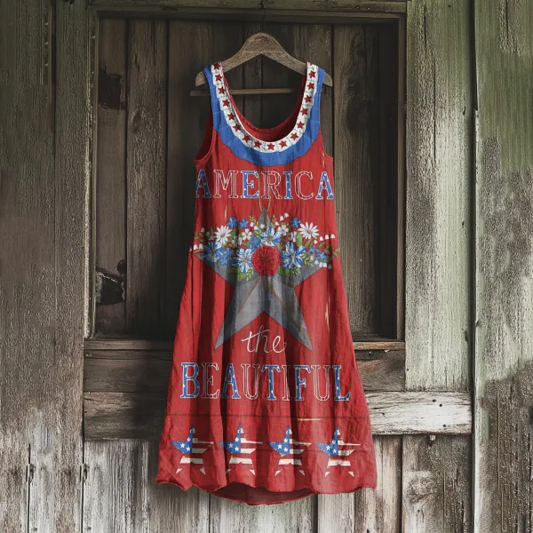 Women's Independence Day Floral Pattern Cotton And Linen Dress