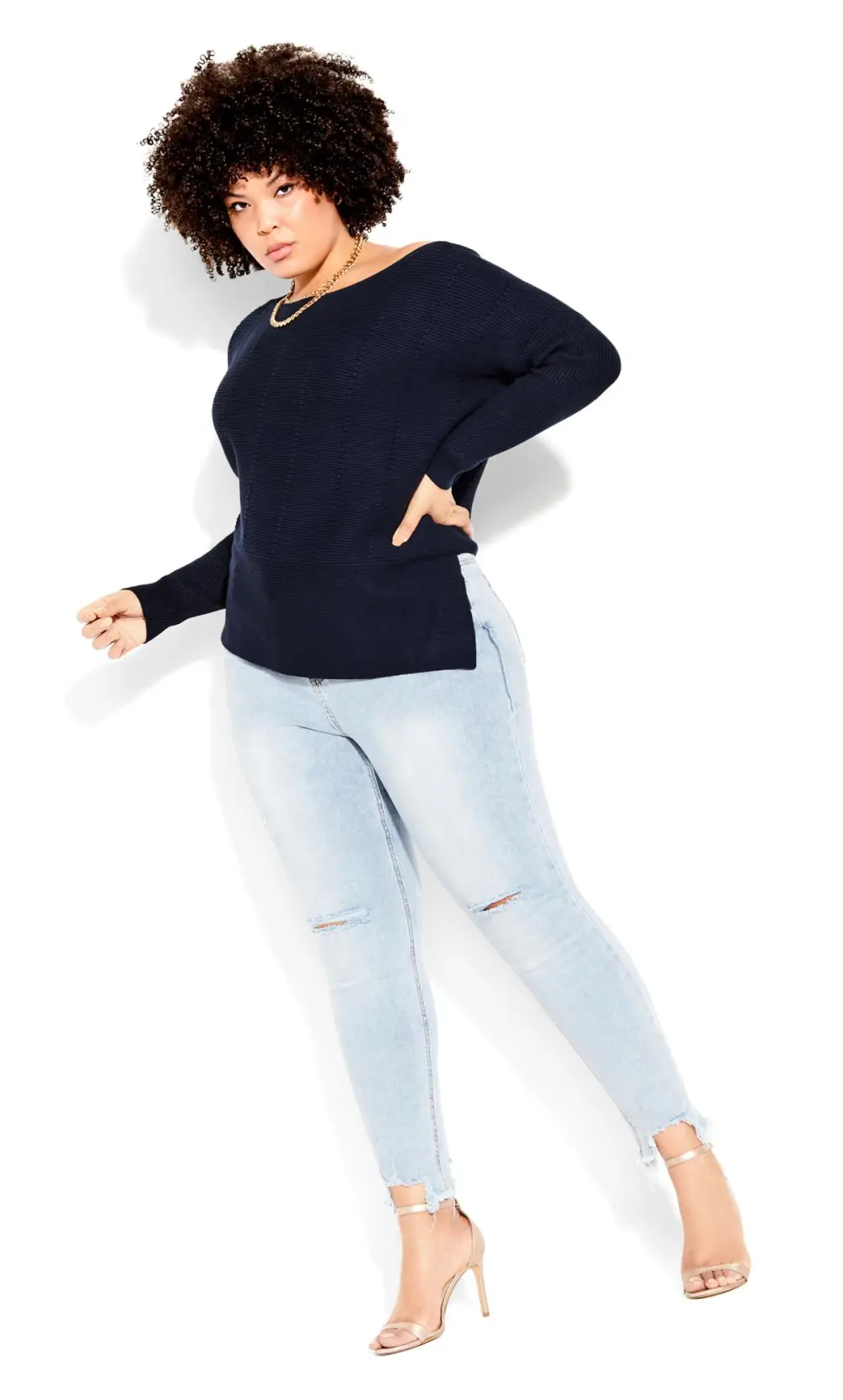 Evans Navy Blue Batwing Side Split Jumper