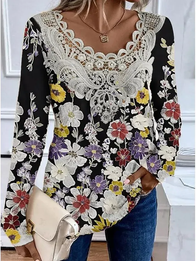 Women's Shirt Blouse Fashion Floral Lace Print Long Sleeve Regular Tops V Neck Casual Holiday Black White Yellow Pink Red Spring &  Fall