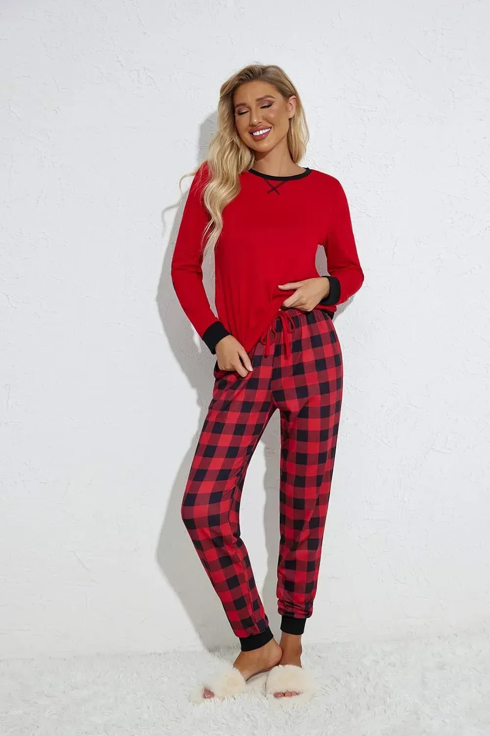 Women's Pajamas Sets Long Sleeve with Plaid Pants Soft Sleepwear O Neck 2 Piece Pjs Joggers Loung Set with Pockets