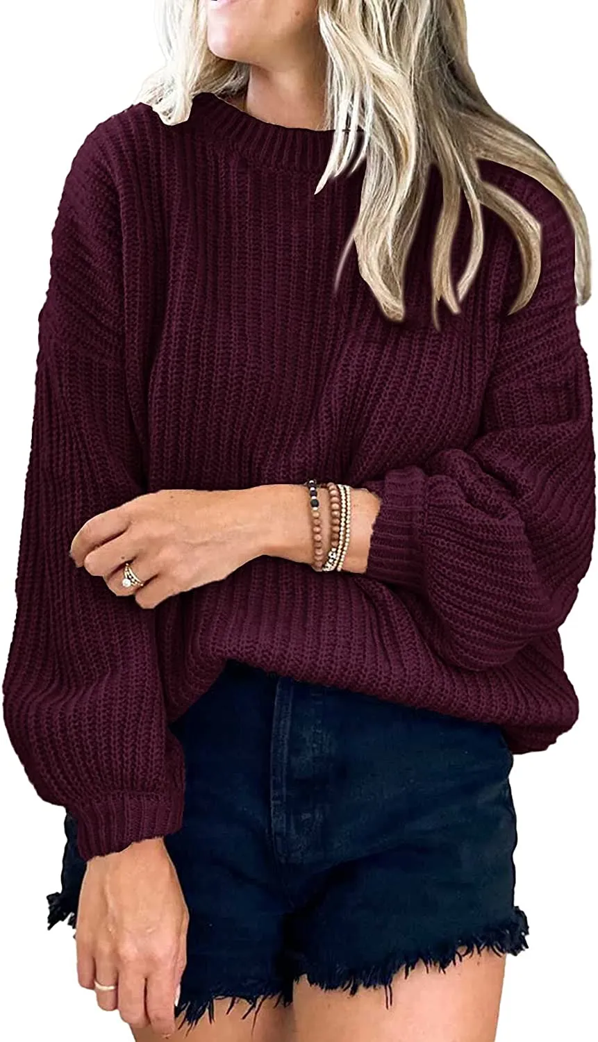Women's Crew Neck Loose Drop Shoulder Lantern Sleeve Casual Solid Color Knit Pullover Sweater