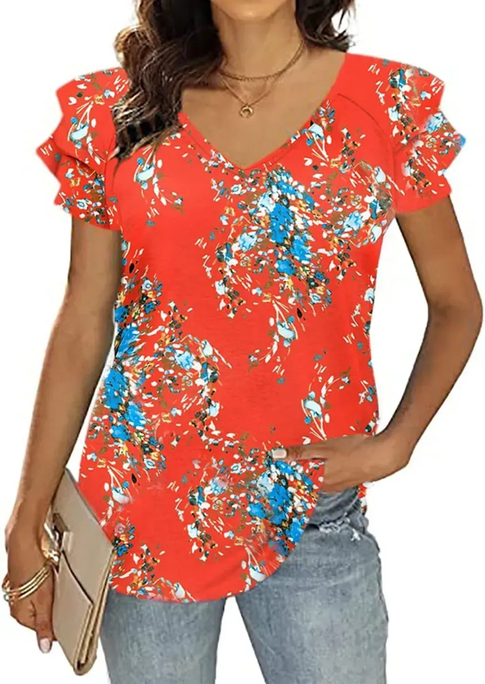 T&Twenties Womens Summer Tops Ruffle Short Sleeve Tunic Tops V Neck Loose Fit Flowy T-Shirts