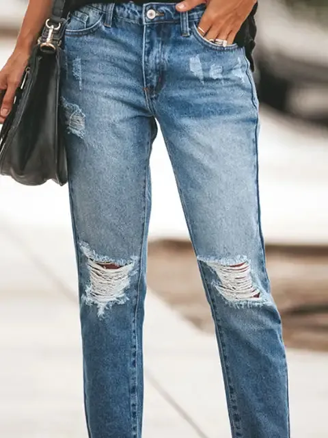 Solid Mid-rise Ripped Casual Jeans