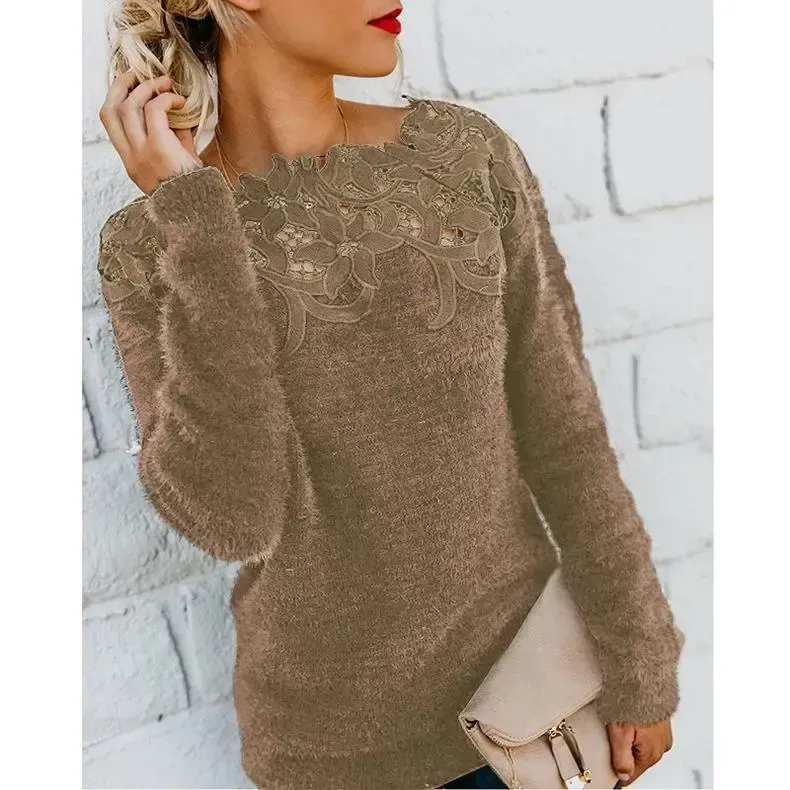 Solid Lace Splice Long Sleeve Plush Sweater