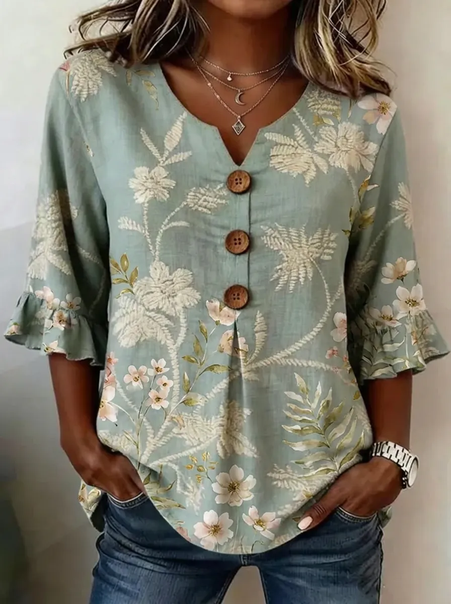 Women's Nashville Floral Botanical Printed Button V-Neck Top