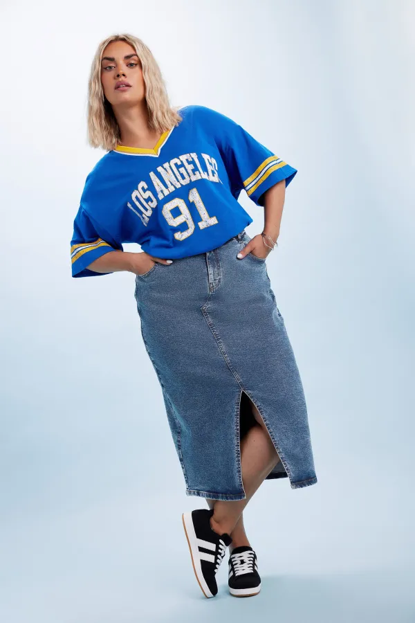 YOURS Curve Black Midi Stretch Denim Skirt