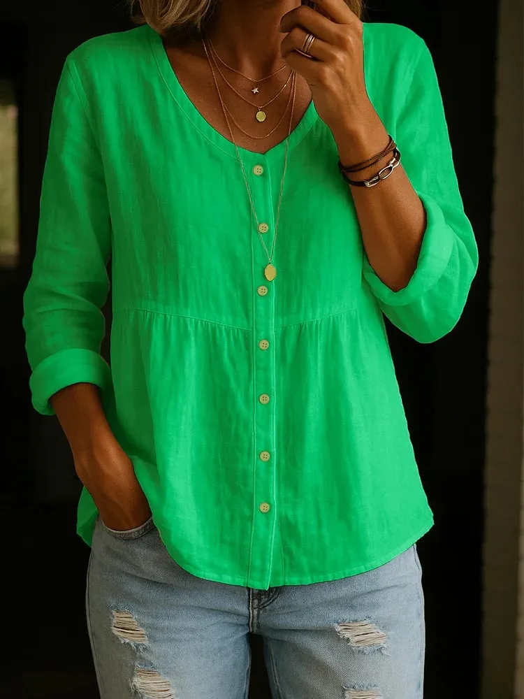 Women's Linen Cotton Blend Shirt - 3/4Sleeve Crew Neck Loose Hip-Length CasualBlouse