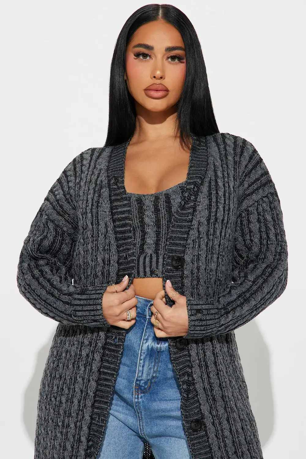 Casual And Cool Washed Cardigan Set - Black/combo