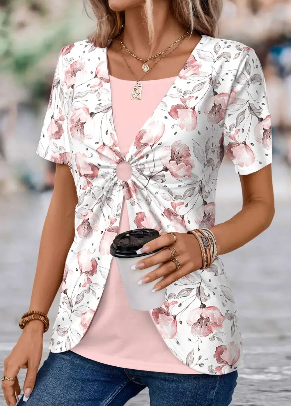 Light Pink Fake 2in1 Floral Print T Shirt
