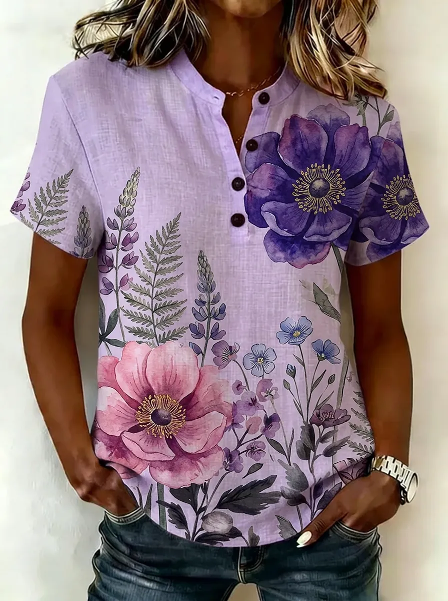 Women's Nashville Floral Botanical Printed Henley Shirt