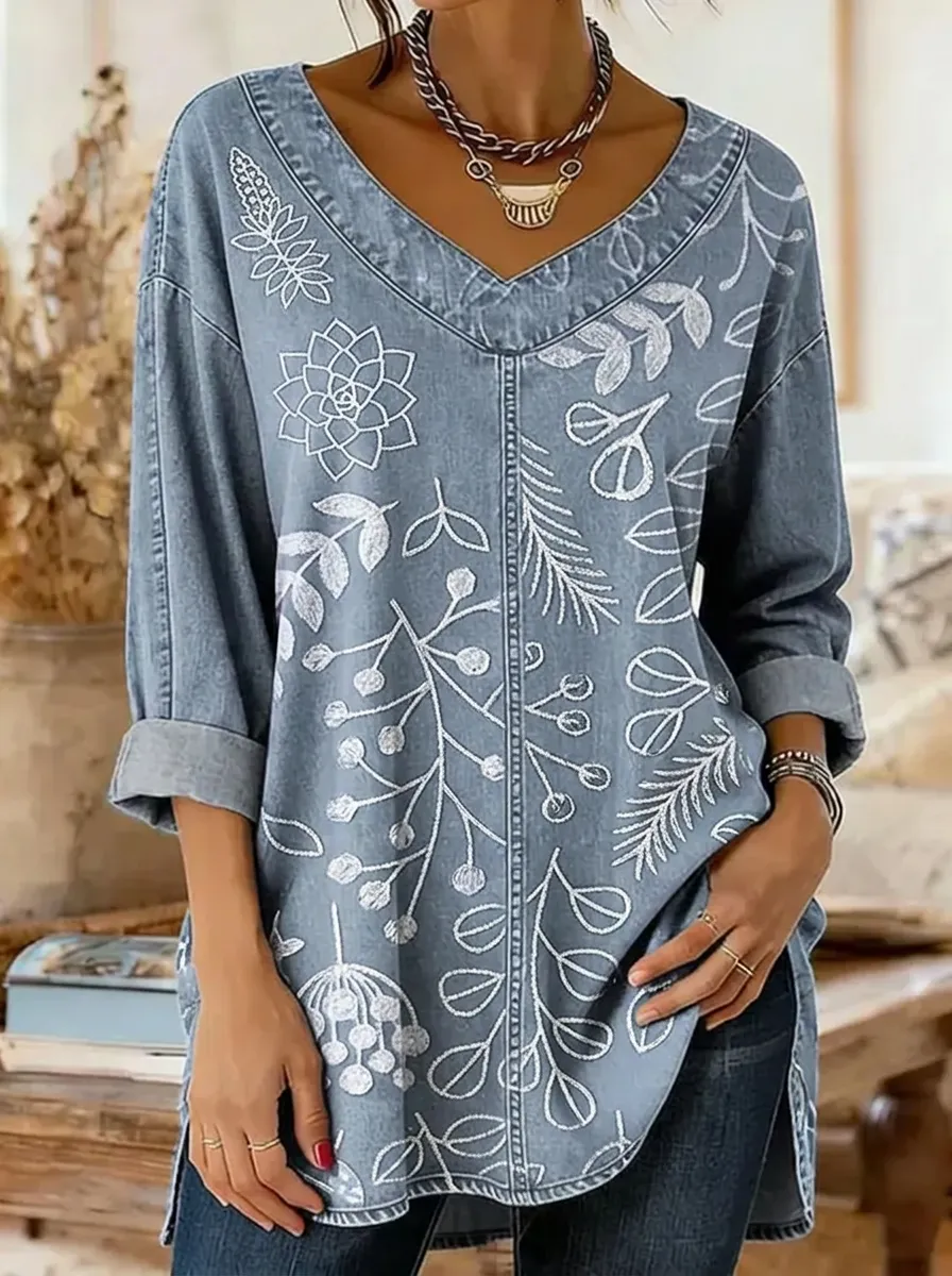 Women's Nashville Botanical Floral Printed Denim V-Neck Top