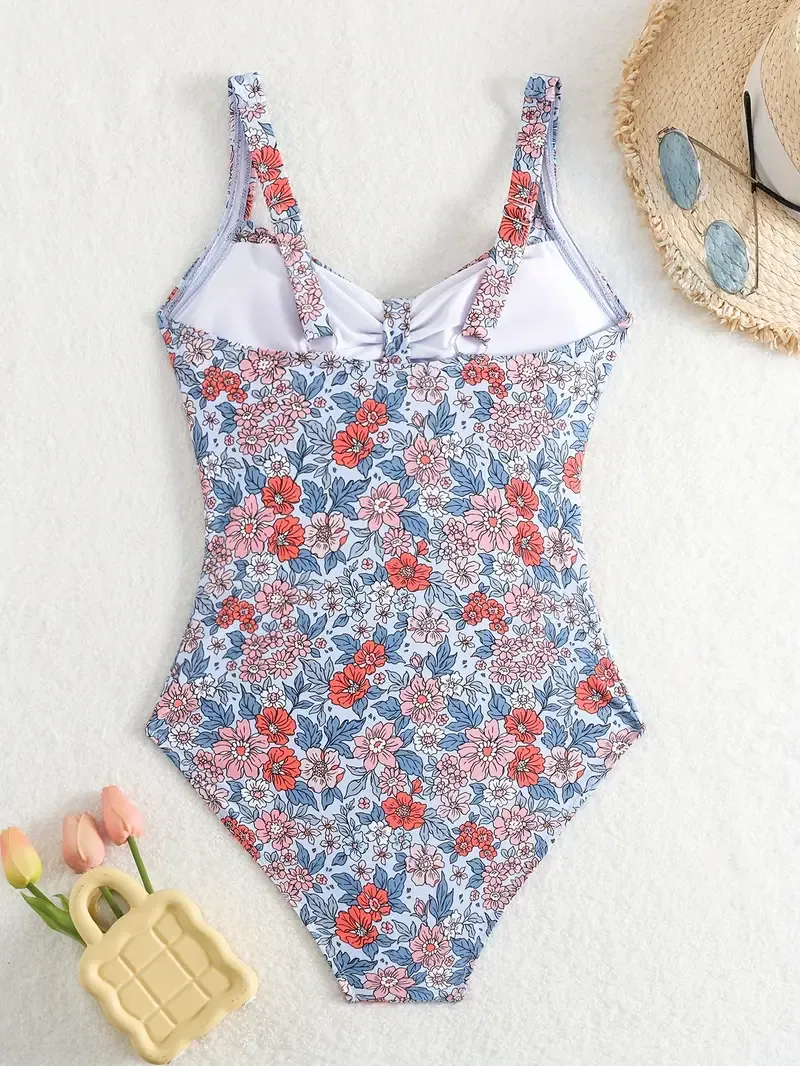 Chic Floral One-Piece Swimsuit for Women - Sexy V-Neck with Ruched Bust, High-Waisted, Tummy Control, Removable Pads, Stretch Polyester Fabric, Perfect for Beach & Poolside, Poolside Attire|Ruched Swimwear|Comfortable Knit Swimwear