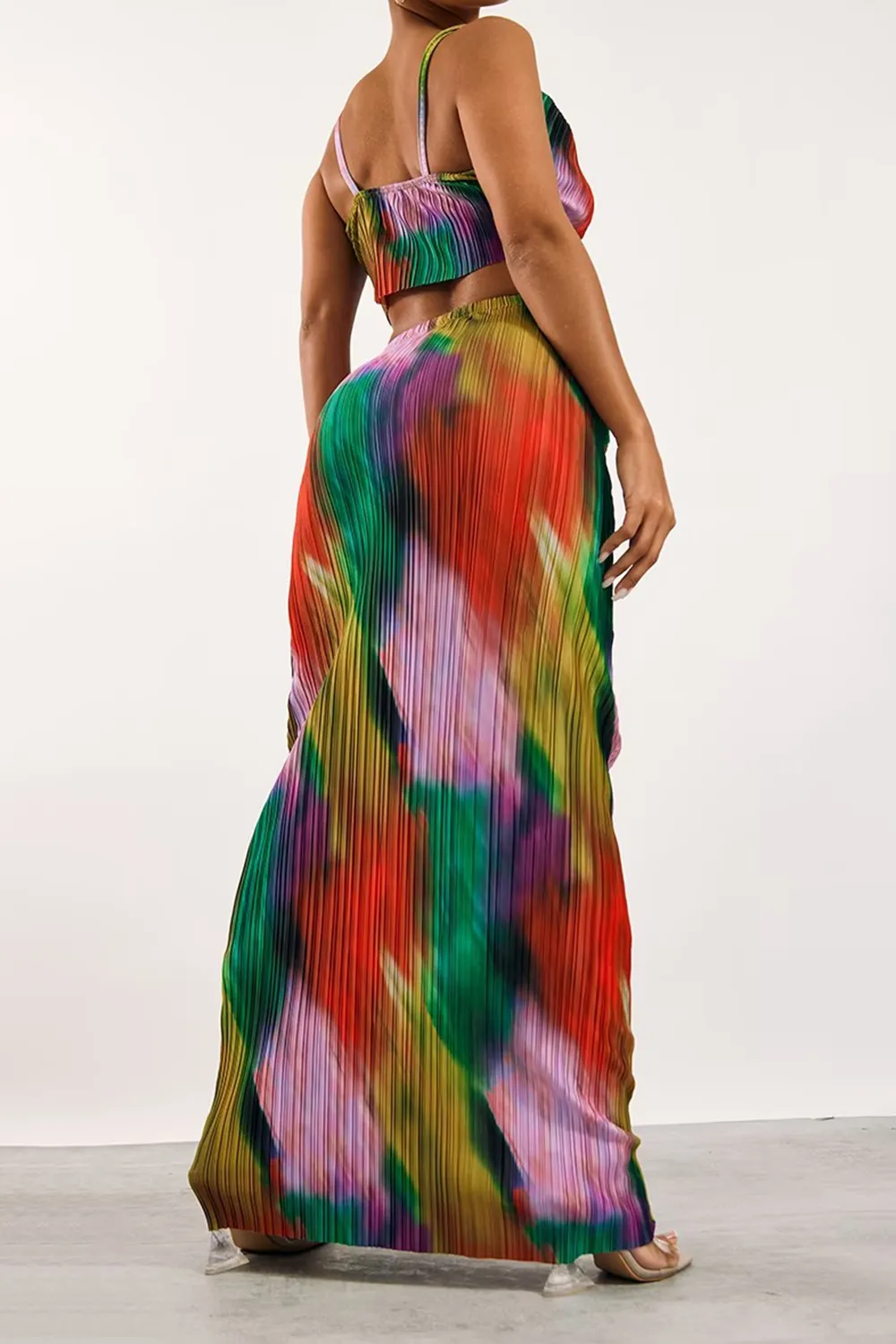 Multi Print Plisse Strappy Cowl Neck Top And Skirt Set