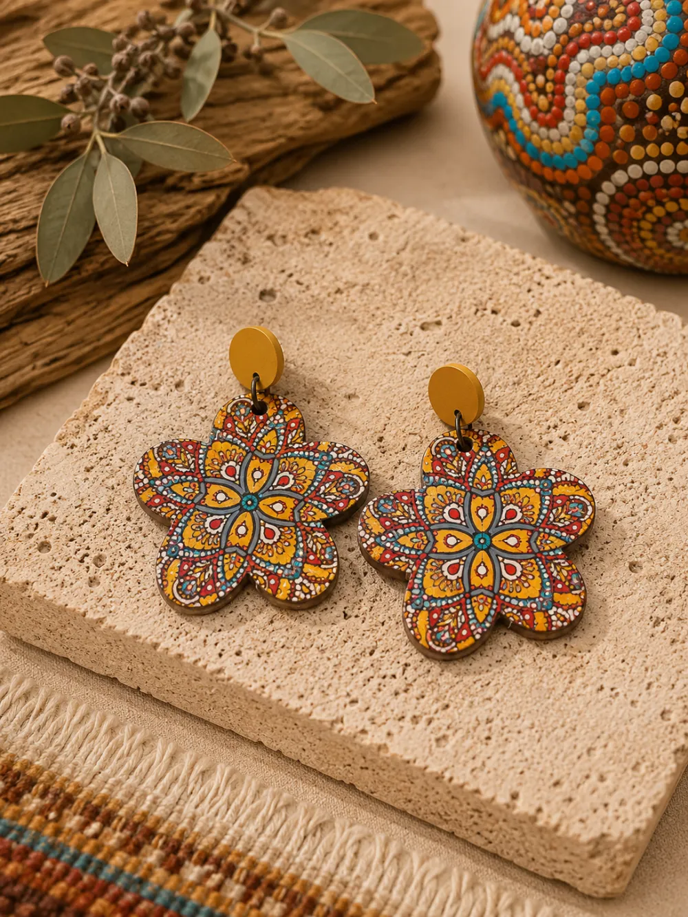 Indigenous Style Wooden Retro Art Geometric Printed Earrings