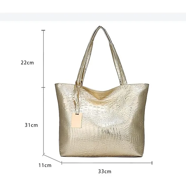 Women's Shoulder Bag Tote PU Leather Daily Embossed Solid Color Crocodile Silver Black Gold