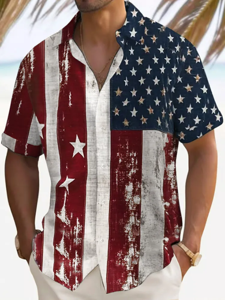 Men's Independence Day Print Lapel Short Sleeve Shirt