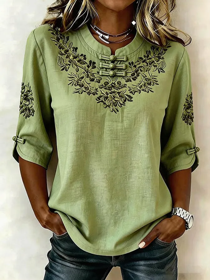 Women'S Retro Cotton Linen Flower Green Printing Design Casual T-Shirt