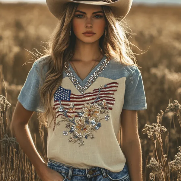 Vintage Sequin Floral Independence Day Women's V-neck T-shirt