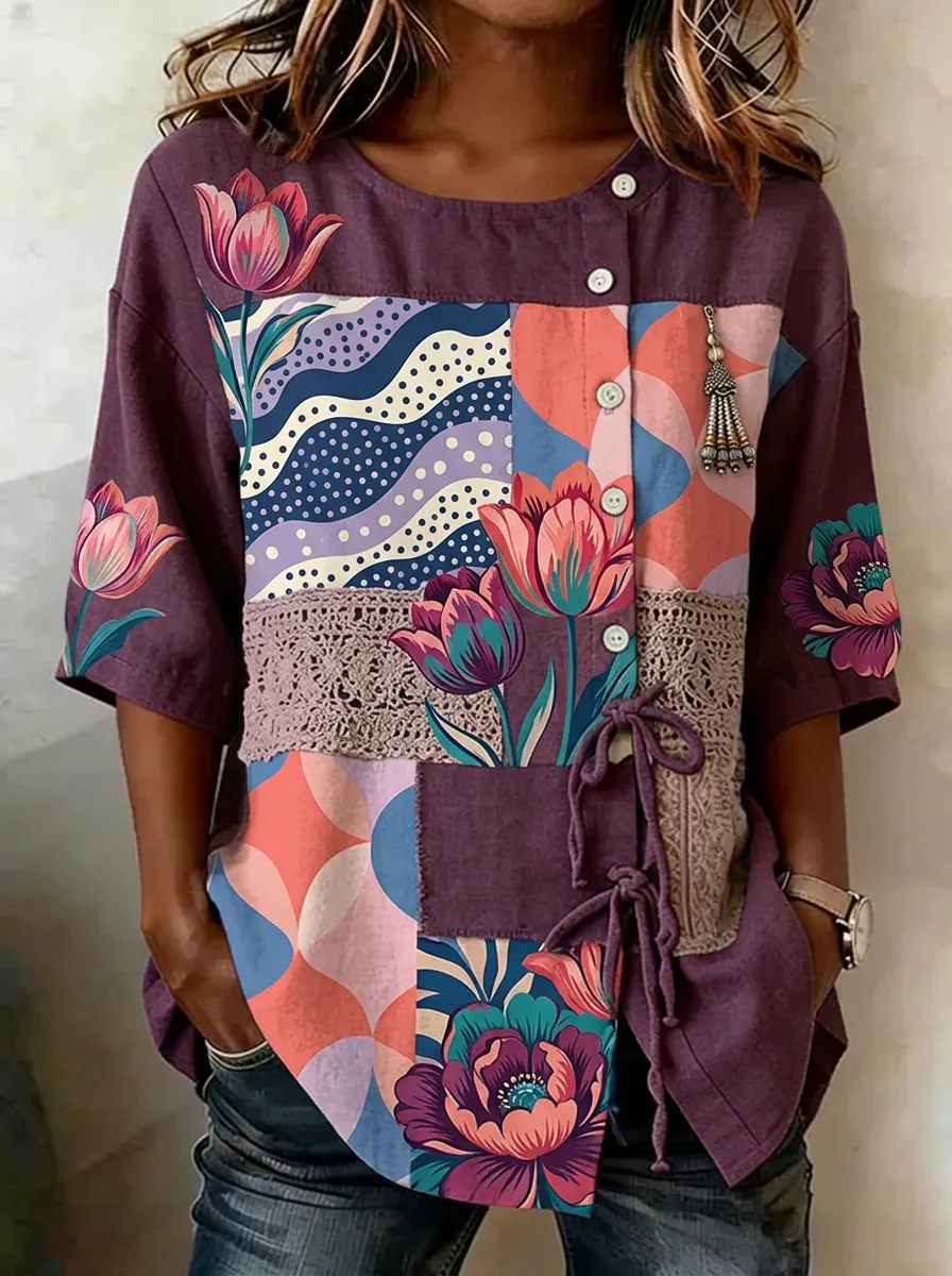 Women's Nashville Floral Patchwork Printed Button-Up Top