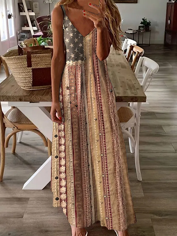 Women's Vintage Independence Day Flag Floral Patch Tank Dress