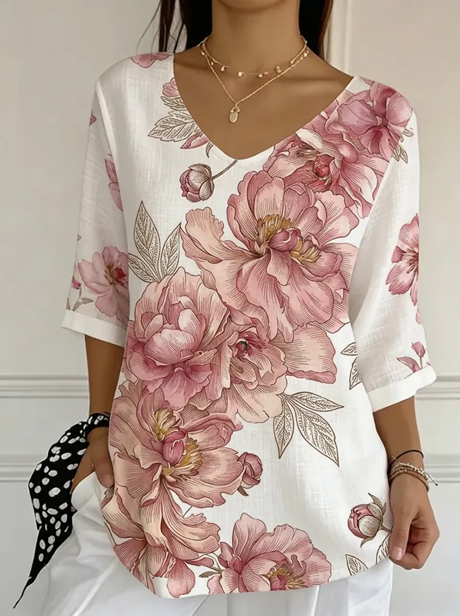 Women's Nashville Floral Peony Printed V-neck Top