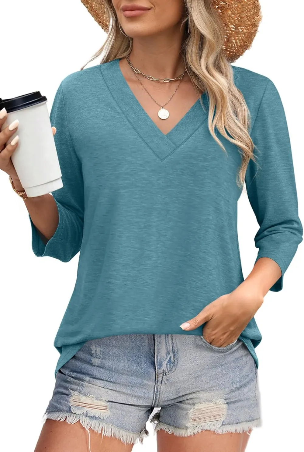 ⏰Hot Sale-Women's V Neck 3/4 Long Sleeve Tops Loose Fit Blouse