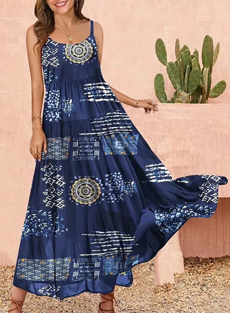 Summer Dresses for Women Casual Loose Bohemian Floral Dress with Pockets Spaghetti Strap Maxi Dress E75