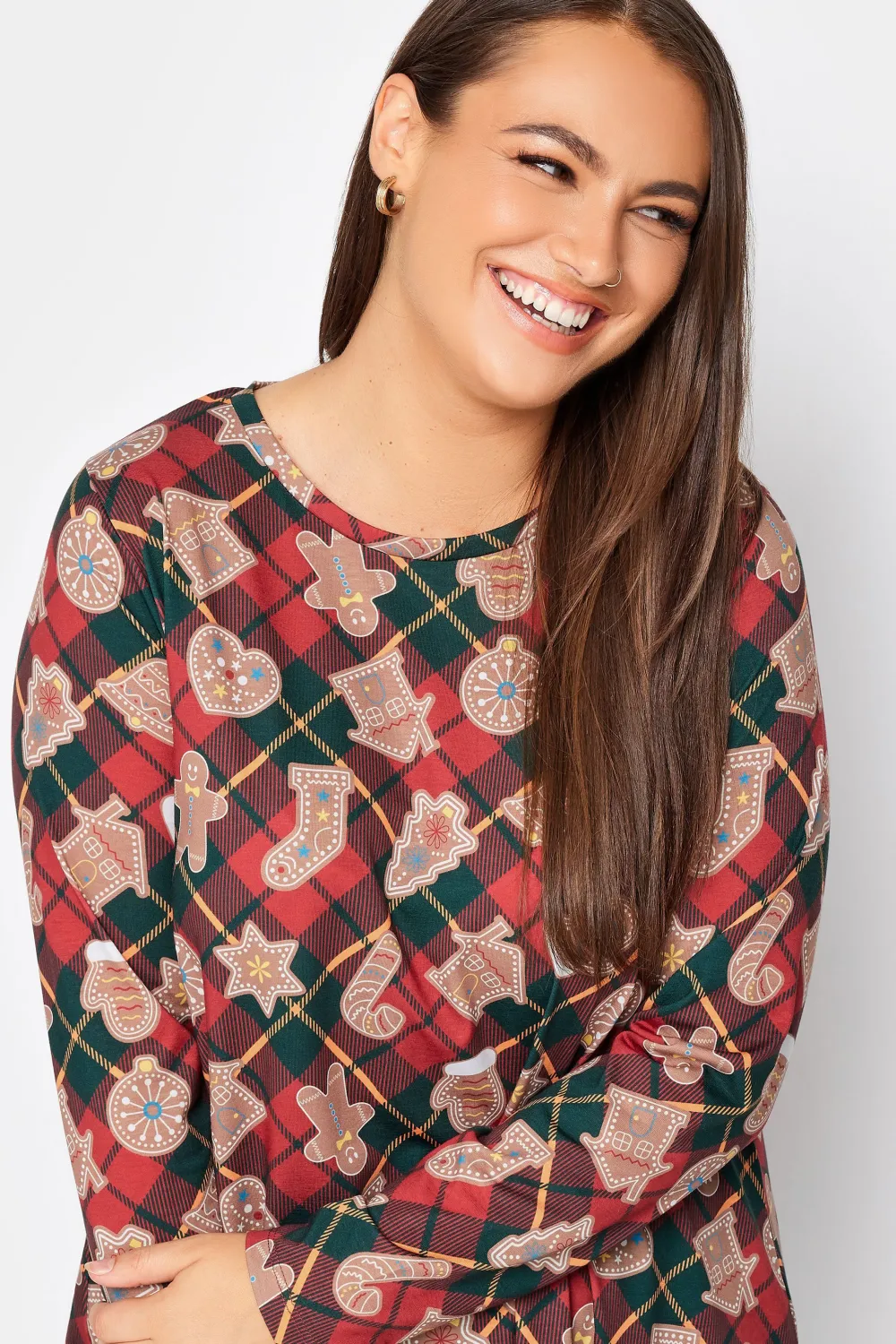 YOURS Curve Red Gingerbread Check Print Tunic Top